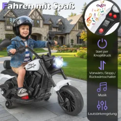 6V Kinder Motorrad Chopper-Motorrad mit Musik, Scheinwerfer Fußpedal und 2 Stützrädern Weiß