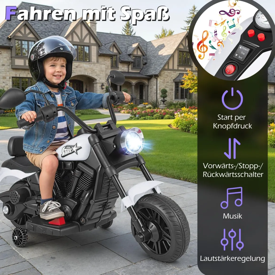 6V Kinder Motorrad Chopper-Motorrad mit Musik, Scheinwerfer Fußpedal und 2 Stützrädern Weiß