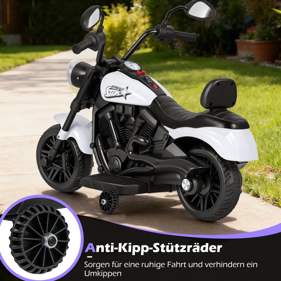 6V Kinder Motorrad Chopper-Motorrad mit Musik, Scheinwerfer Fußpedal und 2 Stützrädern Weiß