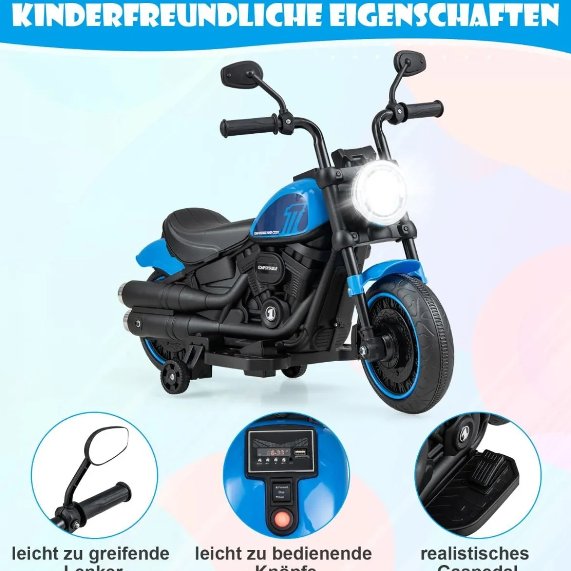 6V Kinder Motorrad mit Scheinwerfern & USB & Stützrädern Elektromotorrad Blau