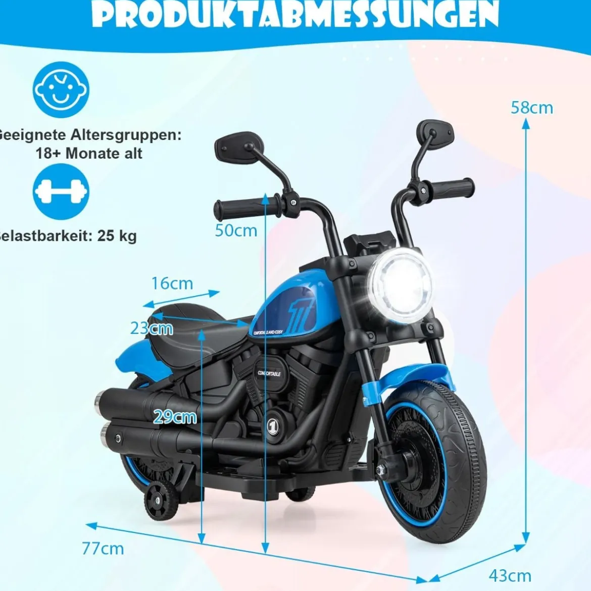 6V Kinder Motorrad mit Scheinwerfern & USB & Stützrädern Elektromotorrad Blau
