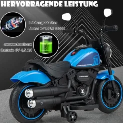 6V Kinder Motorrad mit Scheinwerfern & USB & Stützrädern Elektromotorrad Blau