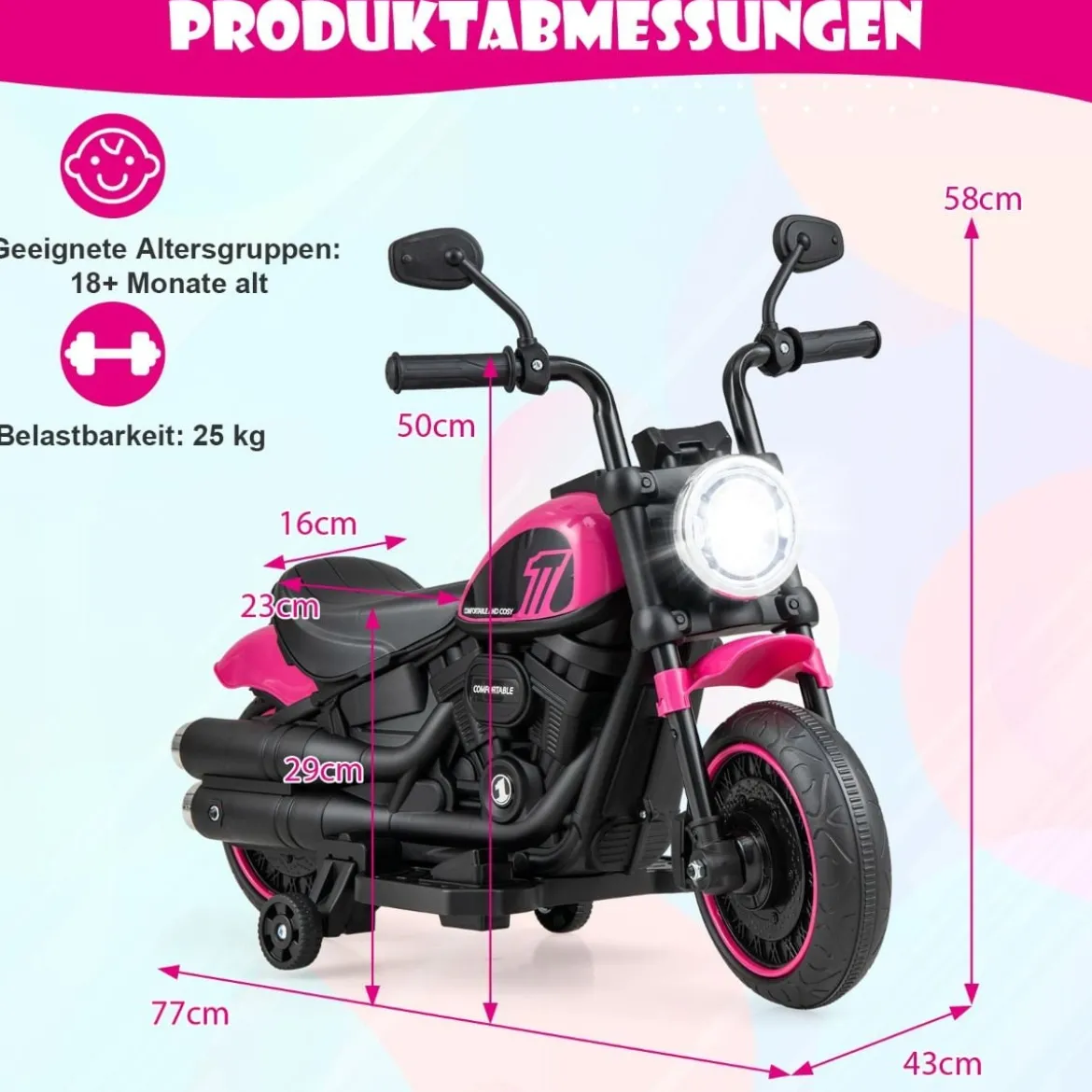 6V Kinder Motorrad mit Scheinwerfern & USB & Stützrädern Elektromotorrad Rosa