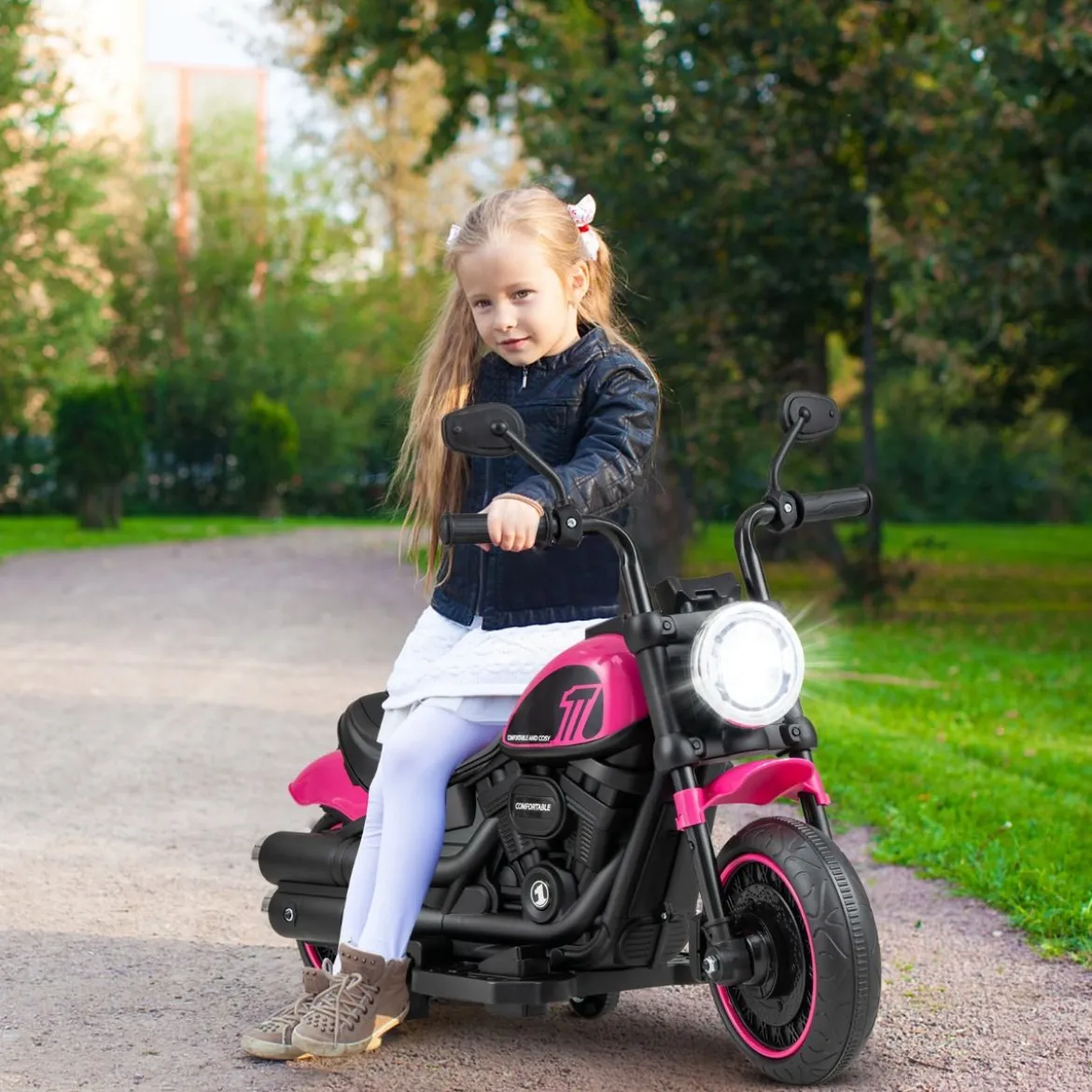 6V Kinder Motorrad mit Scheinwerfern & USB & Stützrädern Elektromotorrad Rosa