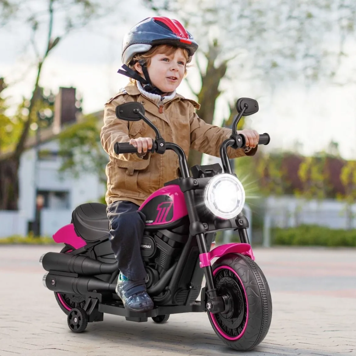 6V Kinder Motorrad mit Scheinwerfern & USB & Stützrädern Elektromotorrad Rosa