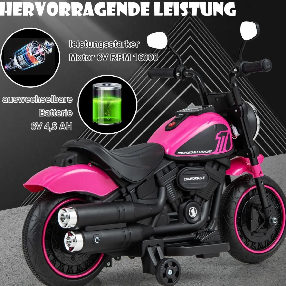 6V Kinder Motorrad mit Scheinwerfern & USB & Stützrädern Elektromotorrad Rosa