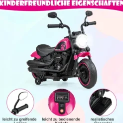 6V Kinder Motorrad mit Scheinwerfern & USB & Stützrädern Elektromotorrad Rosa