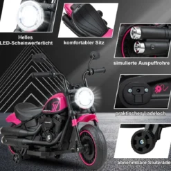 6V Kinder Motorrad mit Scheinwerfern & USB & Stützrädern Elektromotorrad Rosa