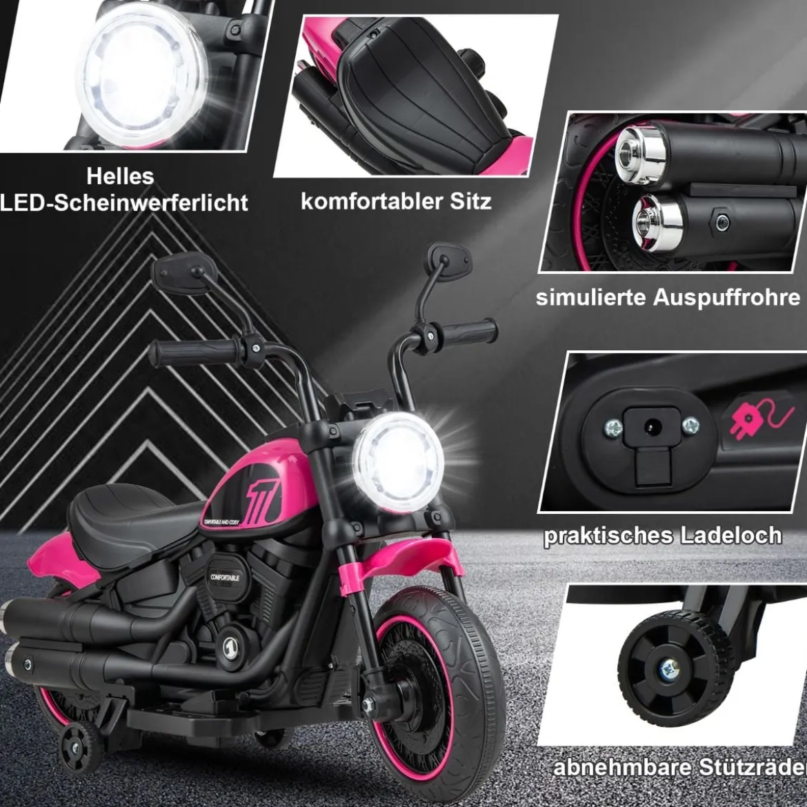 6V Kinder Motorrad mit Scheinwerfern & USB & Stützrädern Elektromotorrad Rosa