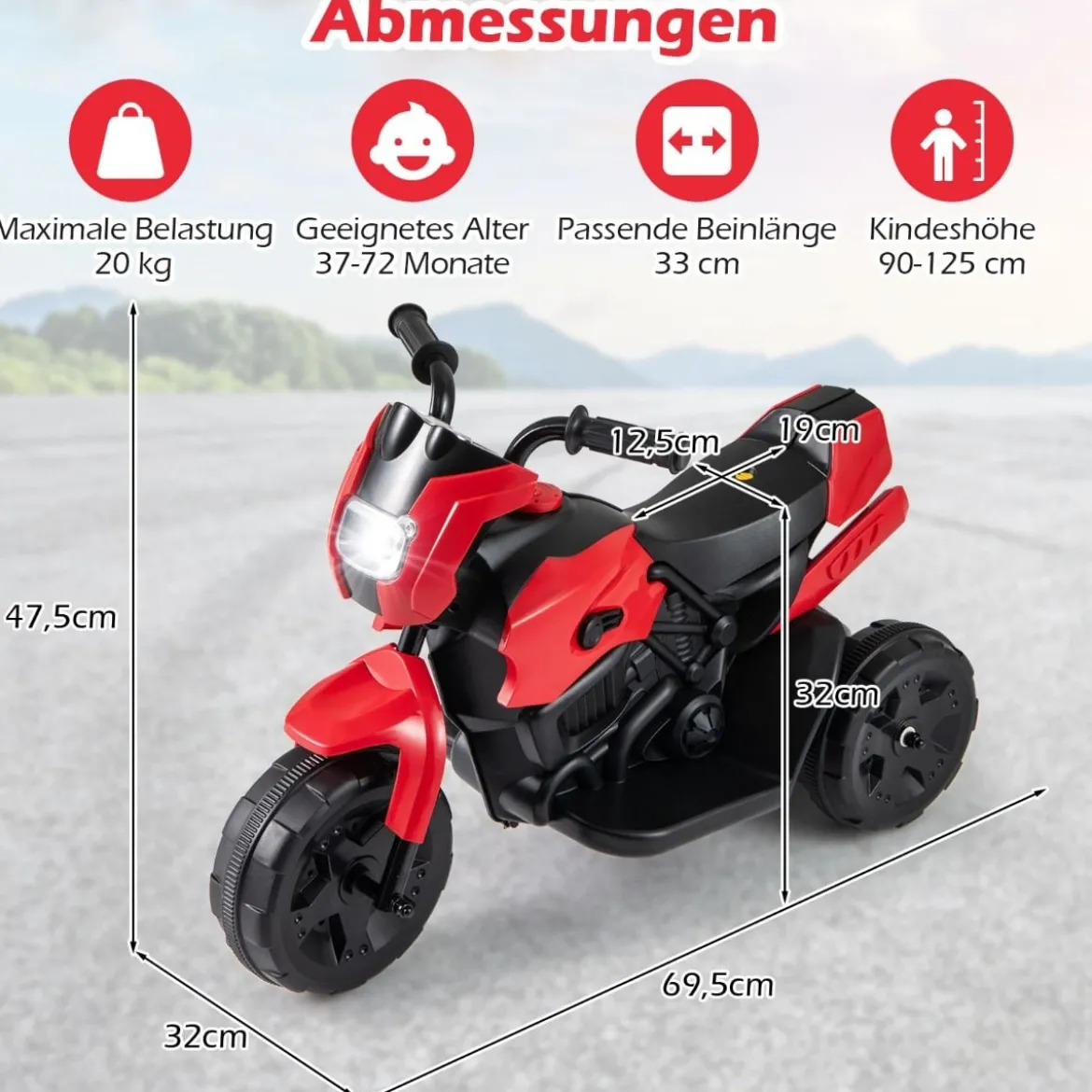 6V Kinder Motorrad 3-Rad Elektro-Motorrad mit LED-Scheinwerfer Fußpedal batteriebetriebenes Elektro-Spielzeugauto Rot