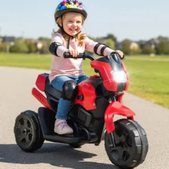 6V Kinder Motorrad 3-Rad Elektro-Motorrad mit LED-Scheinwerfer Fußpedal batteriebetriebenes Elektro-Spielzeugauto Rot