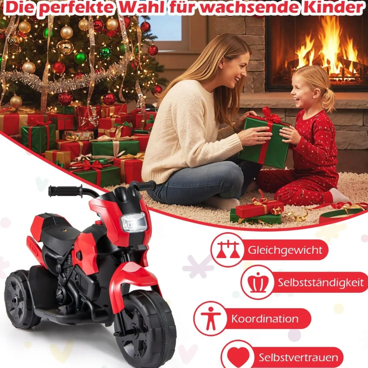 6V Kinder Motorrad 3-Rad Elektro-Motorrad mit LED-Scheinwerfer Fußpedal batteriebetriebenes Elektro-Spielzeugauto Rot