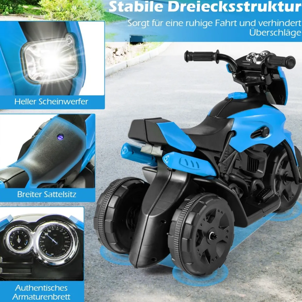 6V Kinder Motorrad 3-Rad Elektro-Motorrad mit LED-Scheinwerfer Fußpedal batteriebetriebenes Elektro-Spielzeugauto Marineblau
