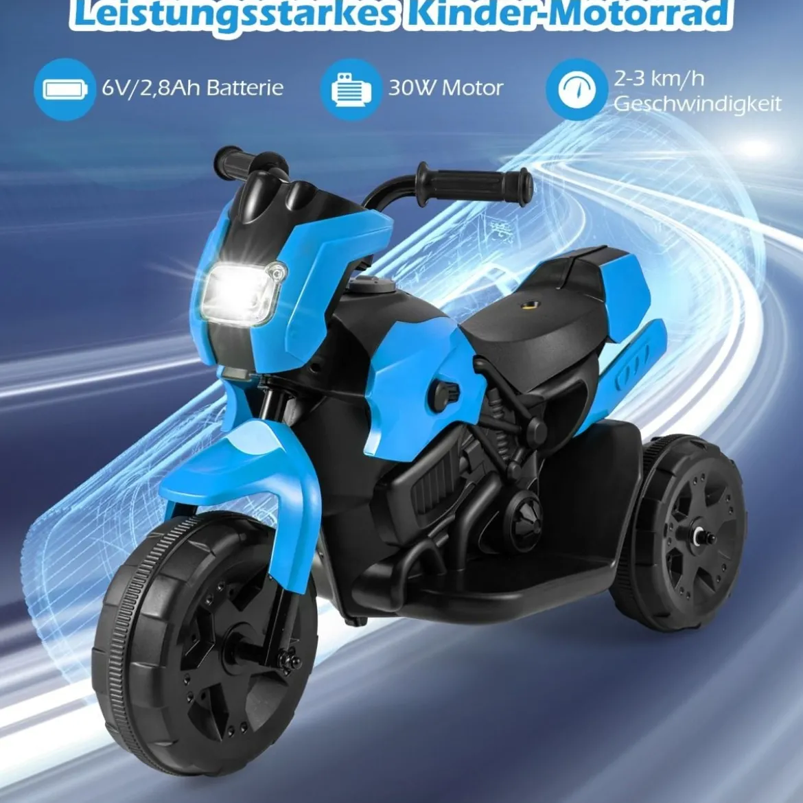 6V Kinder Motorrad 3-Rad Elektro-Motorrad mit LED-Scheinwerfer Fußpedal batteriebetriebenes Elektro-Spielzeugauto Marineblau