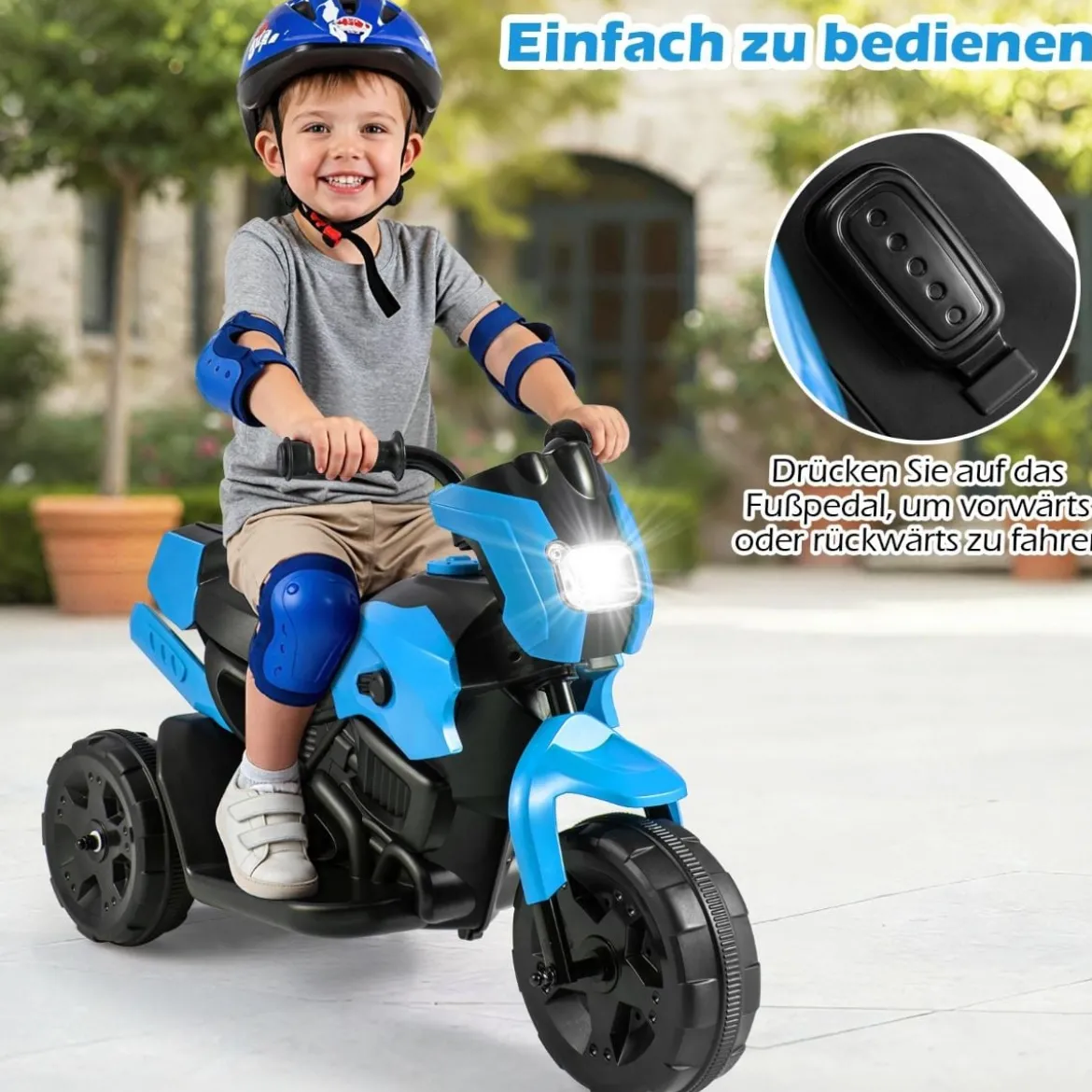6V Kinder Motorrad 3-Rad Elektro-Motorrad mit LED-Scheinwerfer Fußpedal batteriebetriebenes Elektro-Spielzeugauto Marineblau