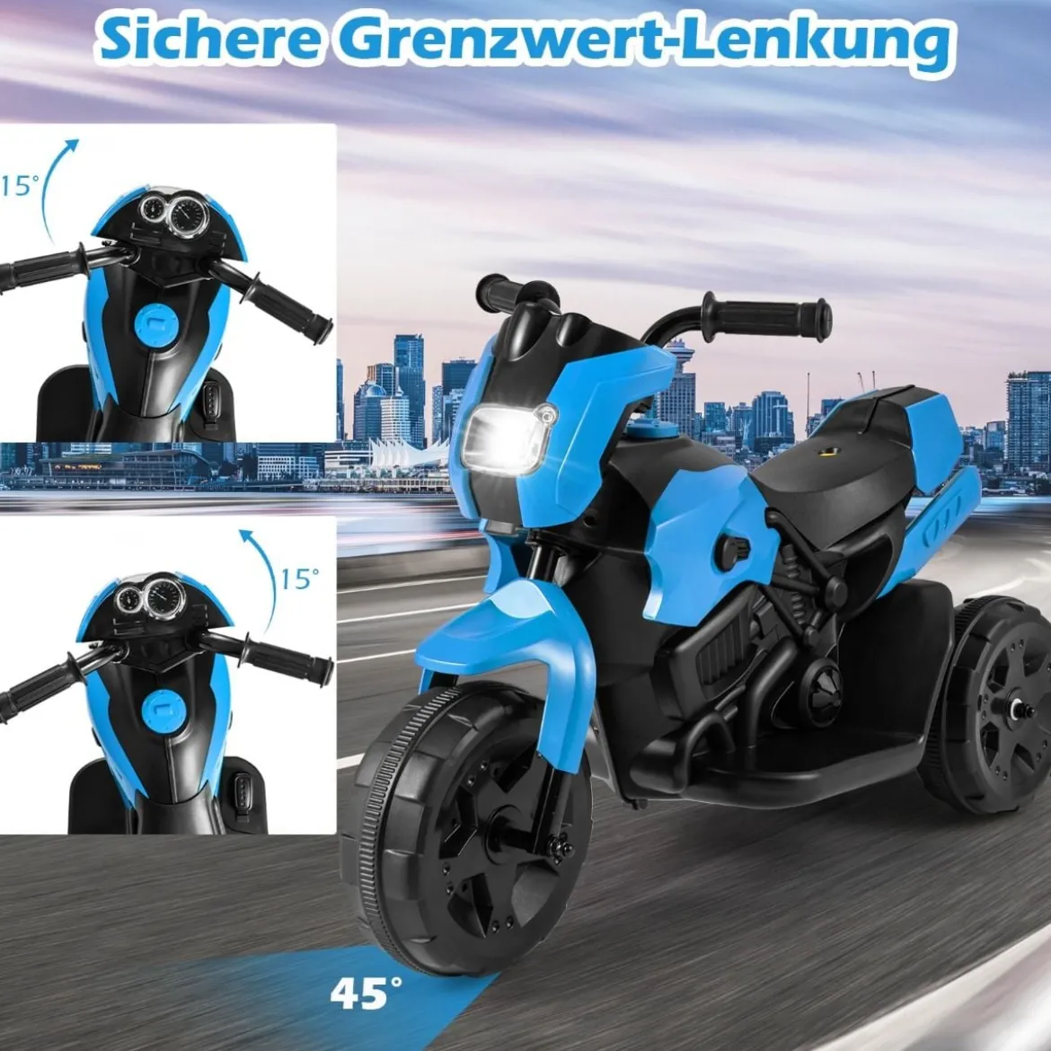 6V Kinder Motorrad 3-Rad Elektro-Motorrad mit LED-Scheinwerfer Fußpedal batteriebetriebenes Elektro-Spielzeugauto Marineblau