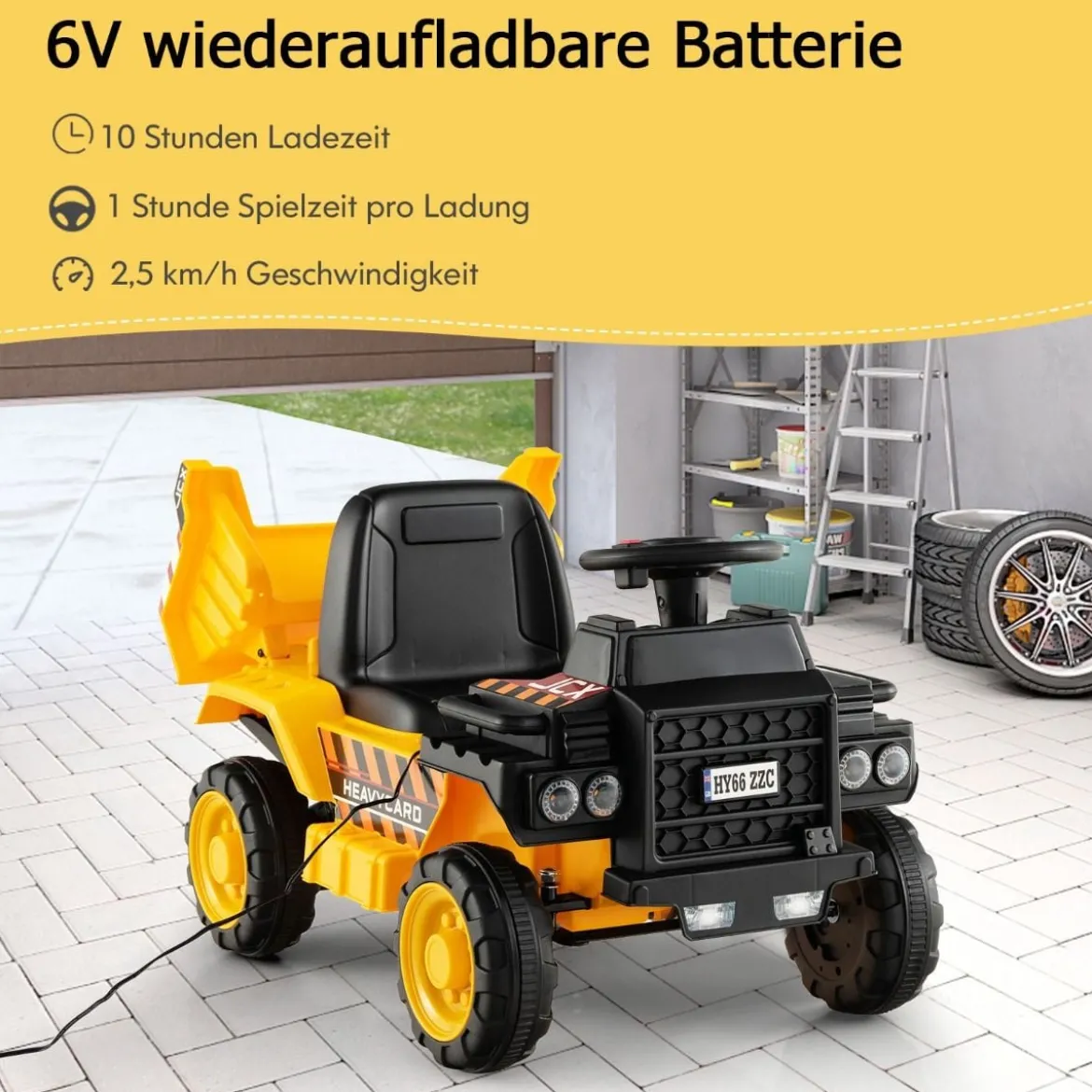 6V Kinder Muldenkipper mit Schutzhelm bis zu 2,5km/h für Kinder ab 18 Monaten Gelb