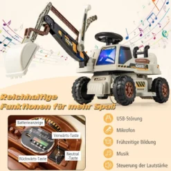 6V Kinder Sitzbagger mit drehbarer & verstellbarer Schaufel & Musik Schwarz + Grau
