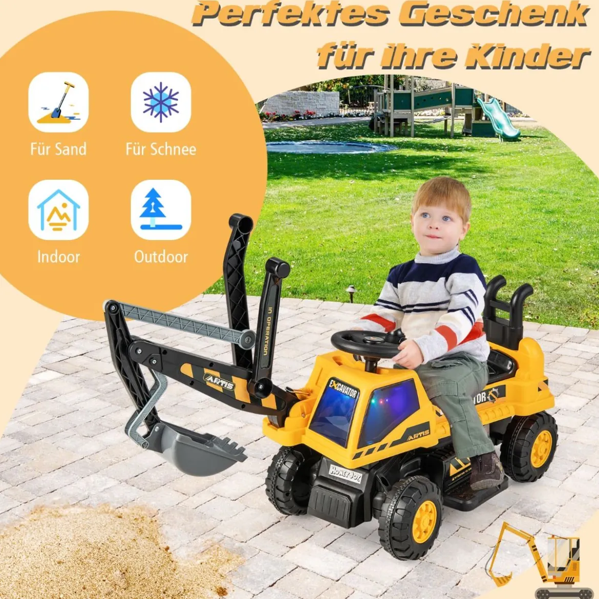 6V Kinder Sitzbagger mit drehbarer & verstellbarer Schaufel & Musik Schwarz + Gelb