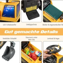 6V Kinder Sitzbagger mit drehbarer & verstellbarer Schaufel & Musik Schwarz + Gelb