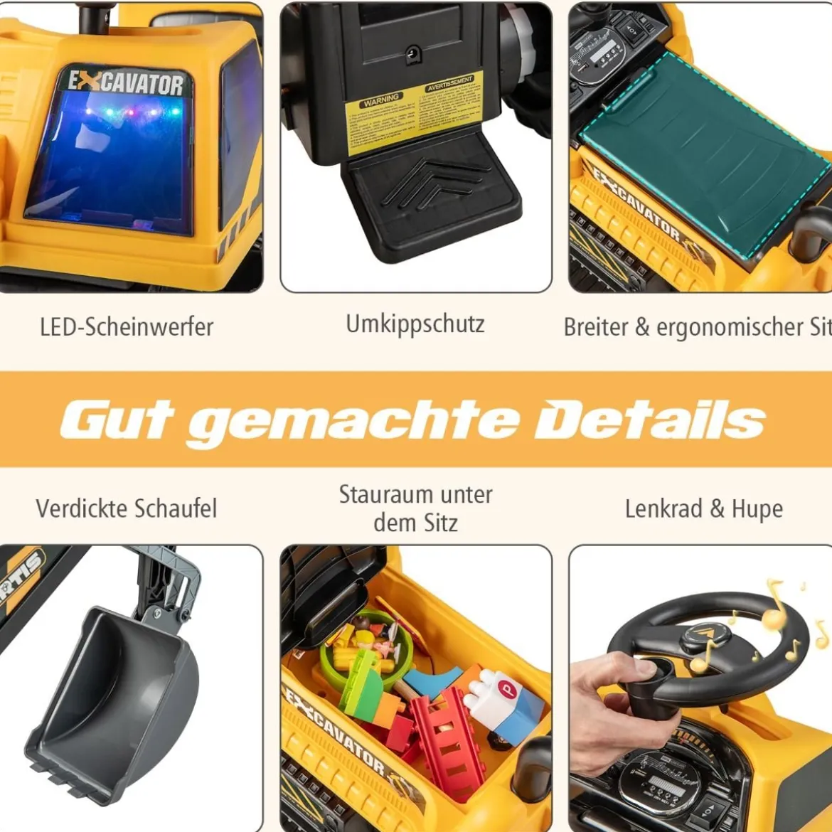 6V Kinder Sitzbagger mit drehbarer & verstellbarer Schaufel & Musik Schwarz + Gelb