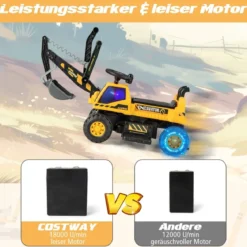 6V Kinder Sitzbagger mit drehbarer & verstellbarer Schaufel & Musik Schwarz + Gelb