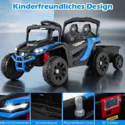 12V Kindertraktor mit Abnehmbarem Anhänger & Eltern-Fernbedienung Elektro-UTV Blau