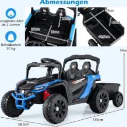 12V Kindertraktor mit Abnehmbarem Anhänger & Eltern-Fernbedienung Elektro-UTV Blau