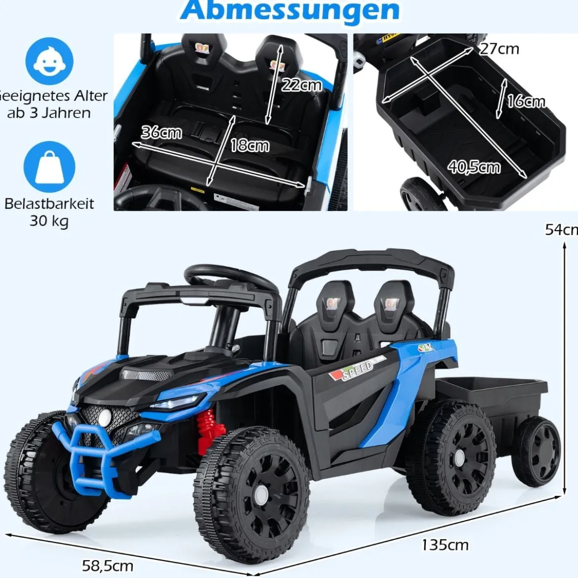 12V Kindertraktor mit Abnehmbarem Anhänger & Eltern-Fernbedienung Elektro-UTV Blau