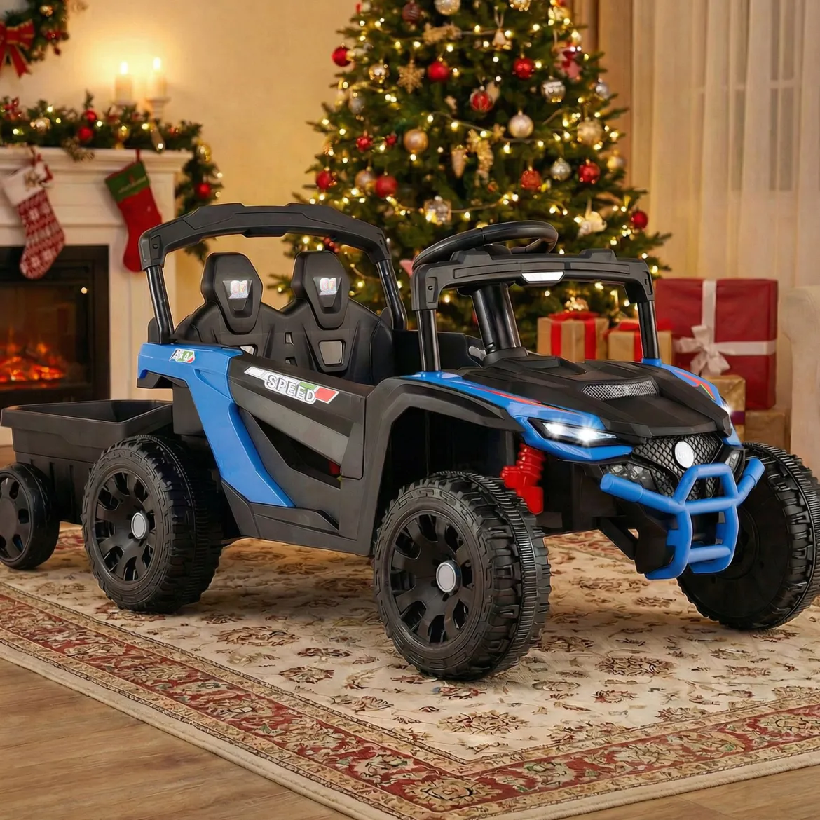 12V Kindertraktor mit Abnehmbarem Anhänger & Eltern-Fernbedienung Elektro-UTV Blau