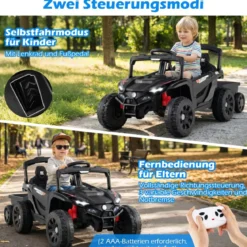 12V Kindertraktor mit Abnehmbarem Anhänger & Eltern-Fernbedienung Elektro-UTV Schwarz