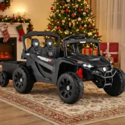 12V Kindertraktor mit Abnehmbarem Anhänger & Eltern-Fernbedienung Elektro-UTV Schwarz