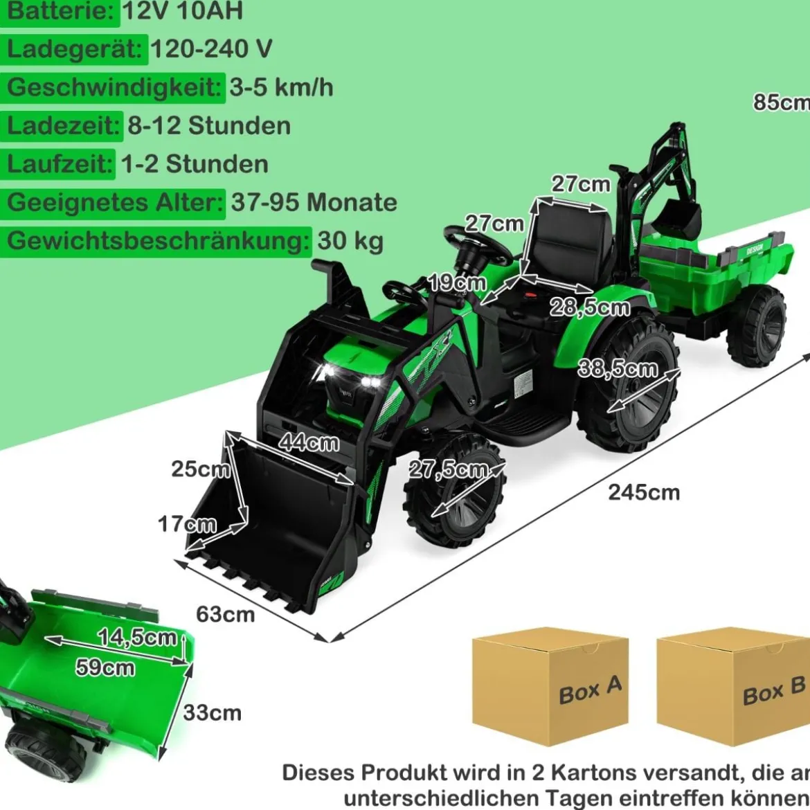 12V Kinder Traktor mit Anhänger & Grabschaufel & MP3-Player für Kinder von 3-8 J. Grün