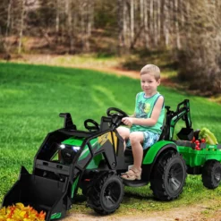12V Kinder Traktor mit Anhänger & Grabschaufel & MP3-Player für Kinder von 3-8 J. Grün