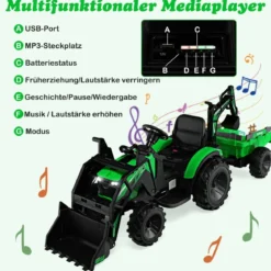12V Kinder Traktor mit Anhänger & Grabschaufel & MP3-Player für Kinder von 3-8 J. Grün