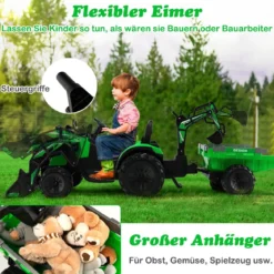 12V Kinder Traktor mit Anhänger & Grabschaufel & MP3-Player für Kinder von 3-8 J. Grün