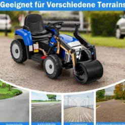 12V Kinder Walze mit Musik & Hupen & Scheinwerfer Elektroauto mit Verstellbarer Walze