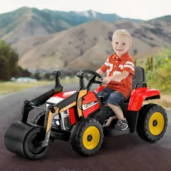 12V Kinder Walze mit Musik & Hupen & Scheinwerfer Elektroauto mit Verstellbarer Walze