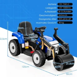 12V Kinder Walze mit Musik & Hupen & Scheinwerfer Elektroauto mit Verstellbarer Walze