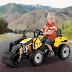 12V Kinder Walze mit Musik & Hupen & Scheinwerfer Elektroauto mit Verstellbarer Walze