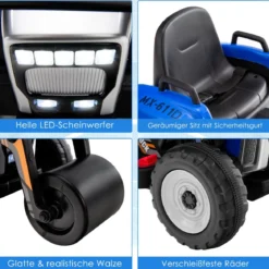12V Kinder Walze mit Musik & Hupen & Scheinwerfer Elektroauto mit Verstellbarer Walze
