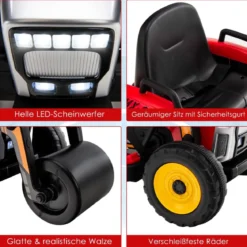 12V Kinder Walze mit Musik & Hupen & Scheinwerfer Elektroauto mit Verstellbarer Walze