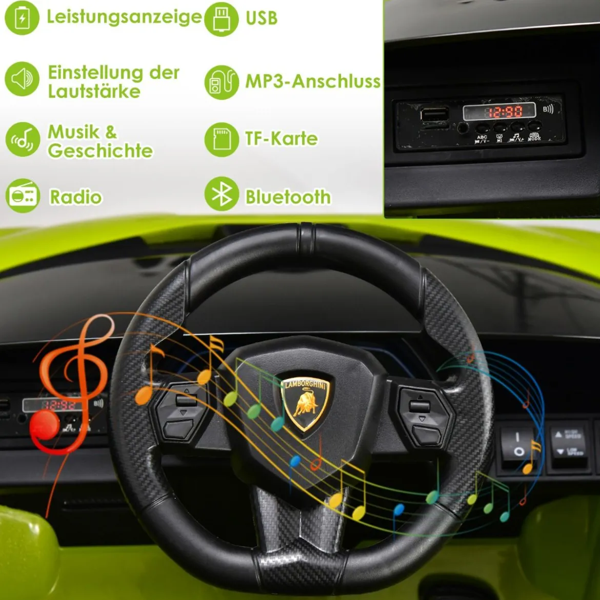 12V Lamborghini Kinder Elektroauto mit 2,4G-Fernbedienung Kinderauto 3-5km/h mit MP3 Grün