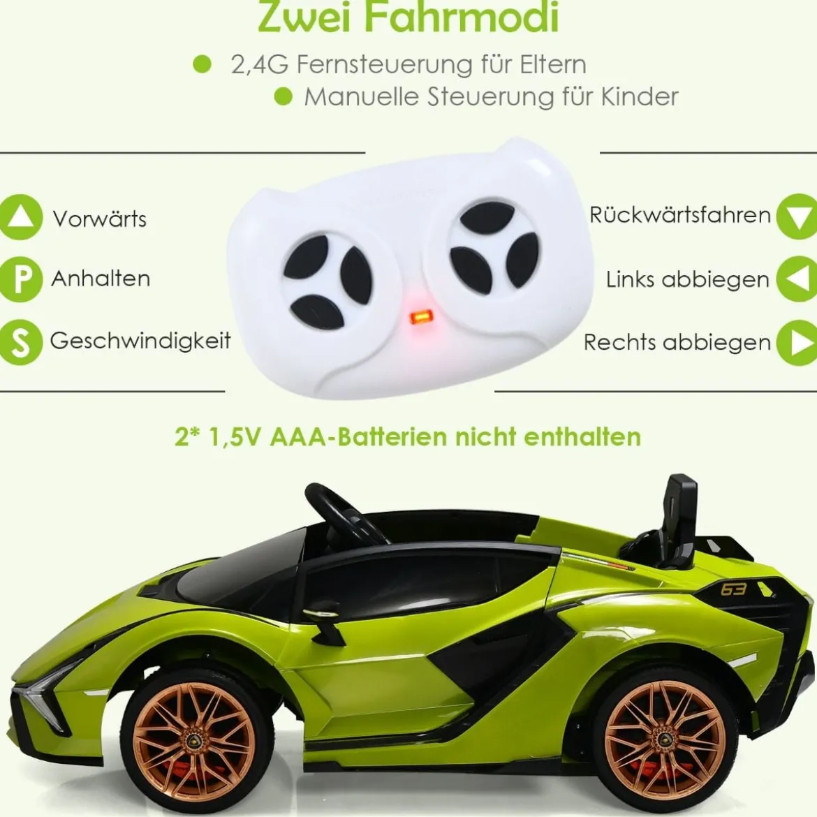12V Lamborghini Kinder Elektroauto mit 2,4G-Fernbedienung Kinderauto 3-5km/h mit MP3 Grün