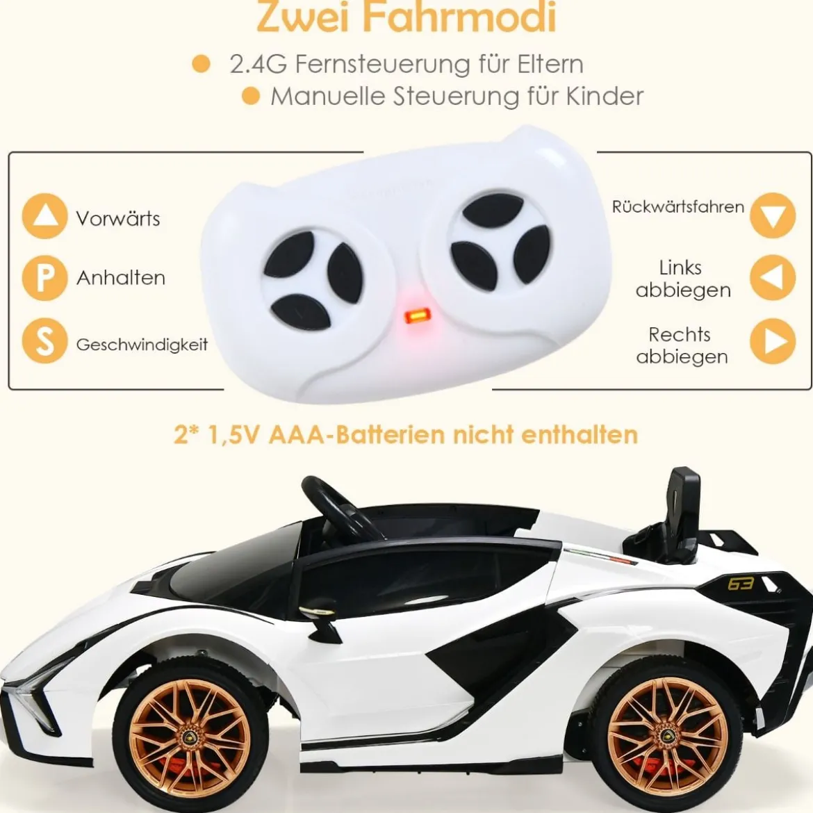 12V Lamborghini Kinder Elektroauto mit 2,4G-Fernbedienung Kinderauto 3-5km/h mit MP3 Weiß