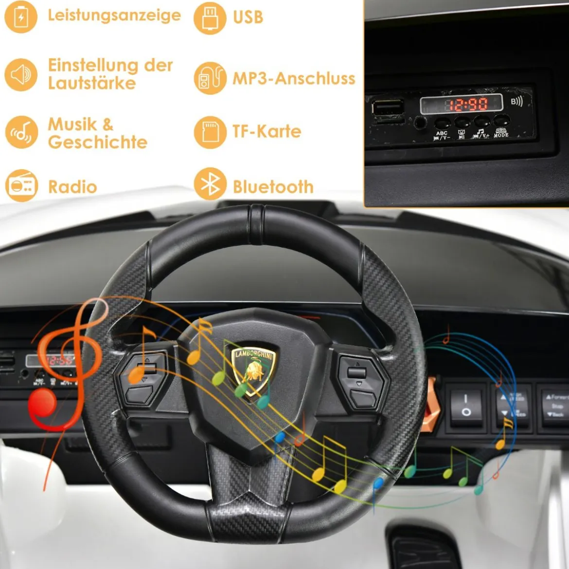 12V Lamborghini Kinder Elektroauto mit 2,4G-Fernbedienung Kinderauto 3-5km/h mit MP3 Weiß