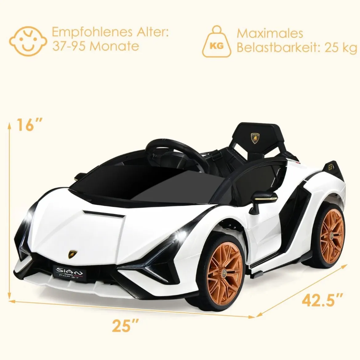 12V Lamborghini Kinder Elektroauto mit 2,4G-Fernbedienung Kinderauto 3-5km/h mit MP3 Weiß