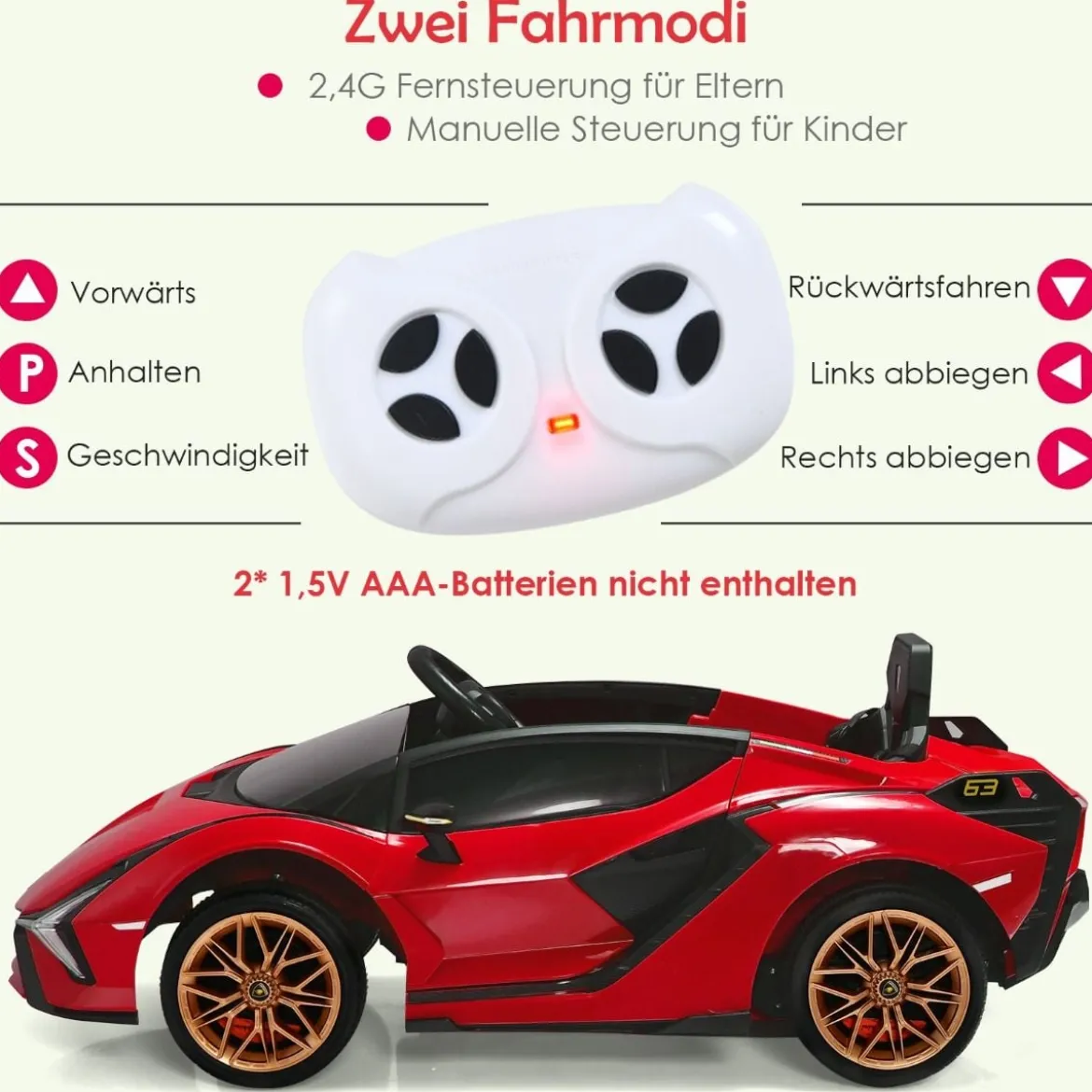 12V Lamborghini Kinder Elektroauto mit 2,4G-Fernbedienung Kinderauto 3-5km/h mit MP3 Rot
