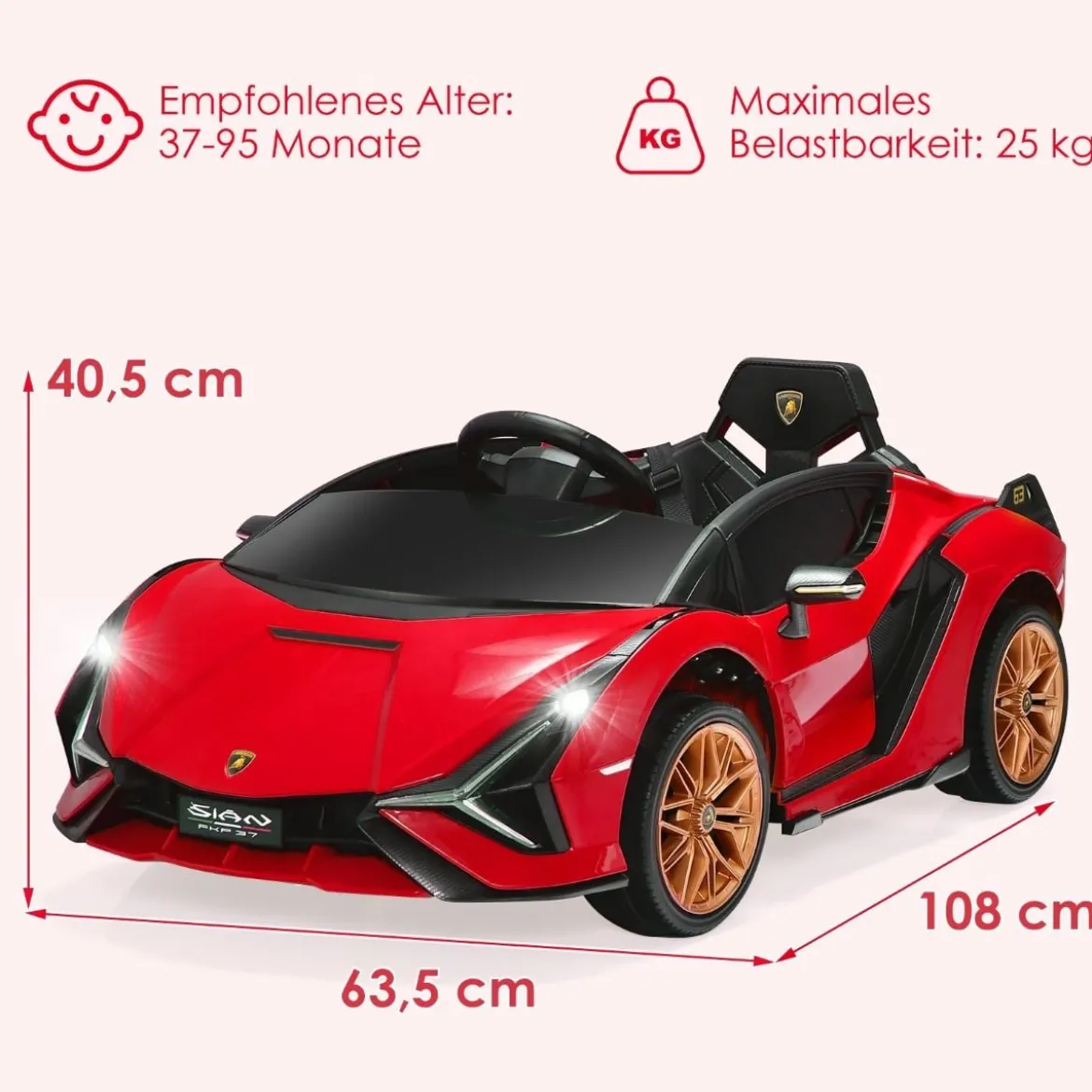12V Lamborghini Kinder Elektroauto mit 2,4G-Fernbedienung Kinderauto 3-5km/h mit MP3 Rot