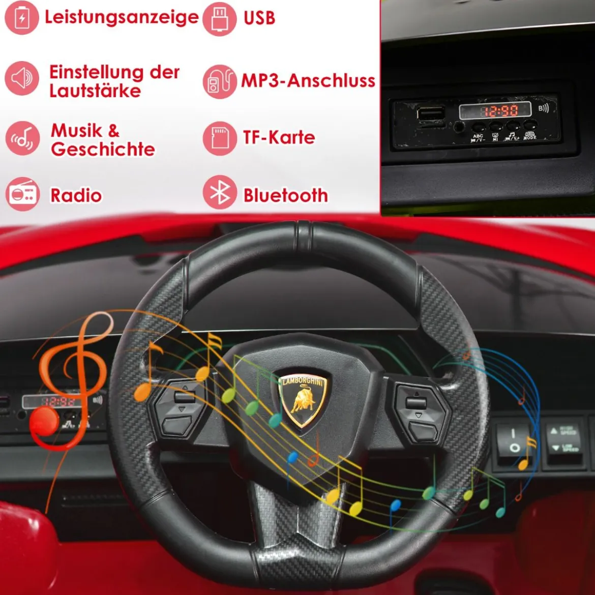 12V Lamborghini Kinder Elektroauto mit 2,4G-Fernbedienung Kinderauto 3-5km/h mit MP3 Rot